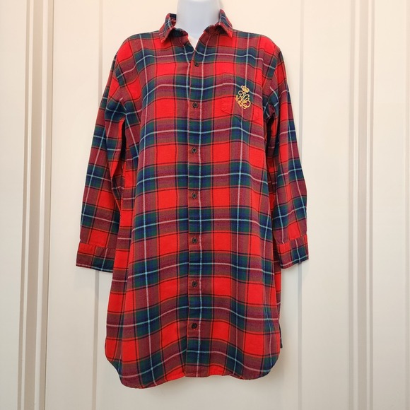 Ralph Lauren Flannel Plaid Sleepshirt Small Cozy Cabincore Holiday Monogram - Picture 2 of 16